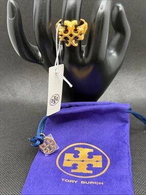 Tory Burch Gold Filigree Logo Ring Sz 8 with Purple Pouch